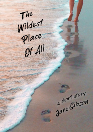 story cover with image of feet leaving footprints in the sand along the foamy edge of a wave and type reading "The Wildest Place Of All, a short story Jane Gibson"